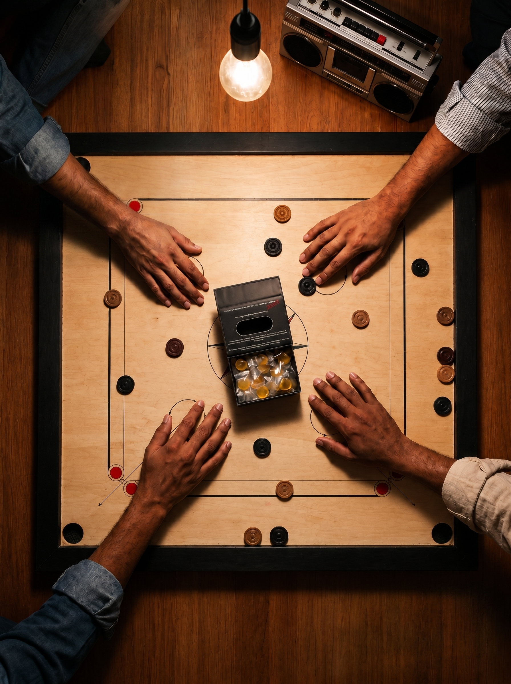 Friends around a carrom board on an unplugged evening, BUNK Mango on the table.
